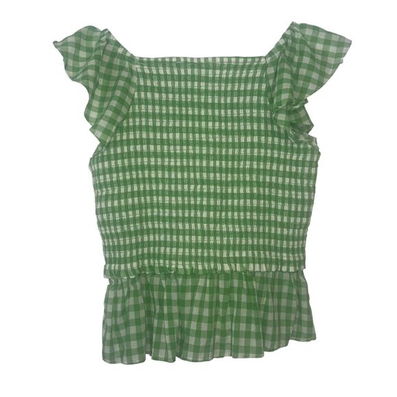 Draper James Smocked Peplum Tartan Top Womens Large Green White Flutter Sleeve - Picture 4 of 7